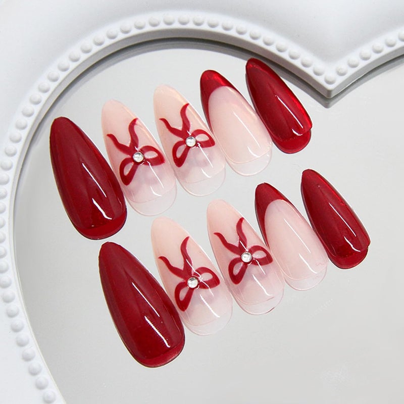 OSTTMA 24Pcs Almond Press on Nails Medium Red Fake Nails with 3D Rhinestones Bow Designs French Tip Acrylic Nails Glossy Elegant Red Stick on False Nails for Women DIY Manicure Decorations - Image 3